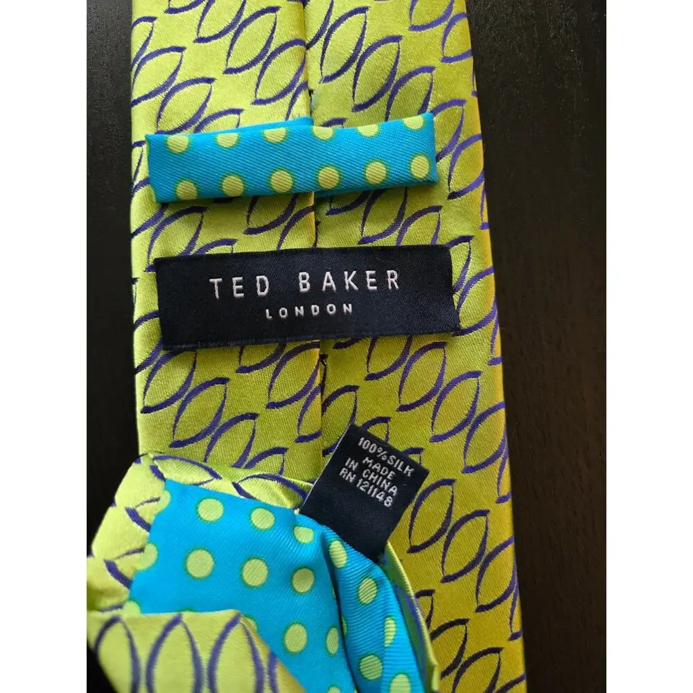 Ted Baker Men's Silk Geometric Print Neck Tie Green Blue Diagonal Chartreuse